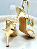 MANOLO BLAHNIK  Crystal Strappy Sandals Stilleto Heels Gold Leather Size 38 (PREOWNED)