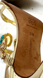 MANOLO BLAHNIK  Crystal Strappy Sandals Stilleto Heels Gold Leather Size 38 (PREOWNED)