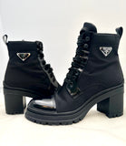 PRADA CLASSIC BRUSHED LEATHER AND NYLON LACED BOOTIES size 40 (PREOWNED)